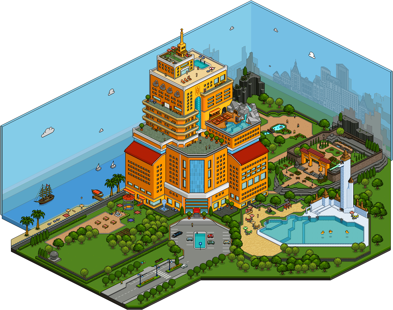 An isometric pixel hotel with rooftop gardens, a pool and a waterfront